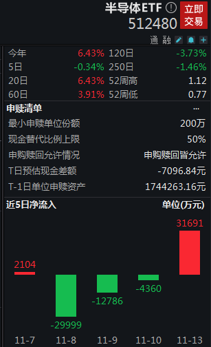 半导体ETF（512480）11月13日获得净申购3.17亿元，位居股票ETF资金净流入榜单第三名