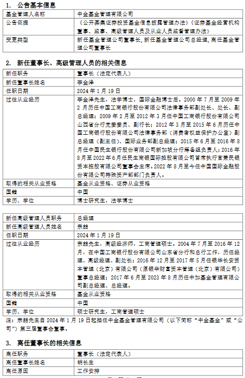 中金基金高管变更：新任李金泽为董事长 新任宗喆为总经理