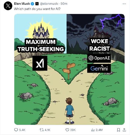 马斯克发图：OpenAI和xAI，你想让AI走哪条路？